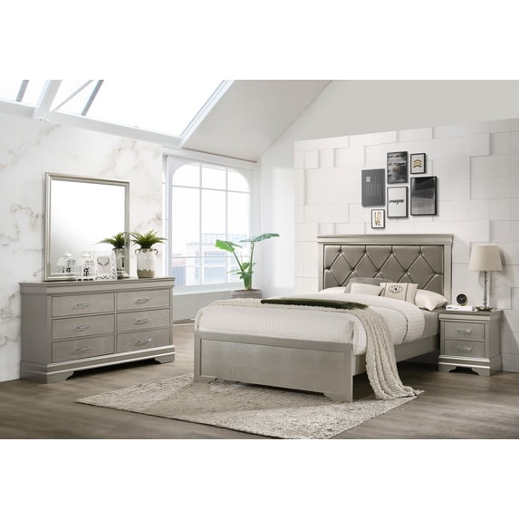 4 Piece Silver Finish Panel Bedroom Set Upholstered Button Tufted Headboard Queen Bed, Dresser, Mirror, Nightstand