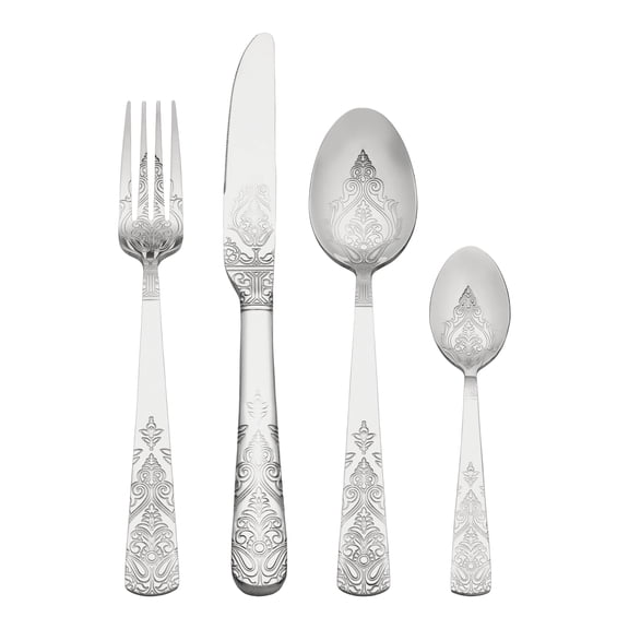 4 Piece Silverware Set, Stainless Steel Floral Flatware Set, Cutlery Set Includes Dinner Knife, Fork, Spoon Silver 4