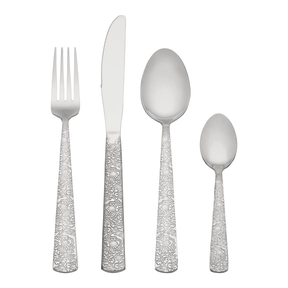4 Piece Silverware Set, Stainless Steel Floral Flatware Set, Vintage Cutlery Set Includes Knife, Fork, Spoon Silver 4