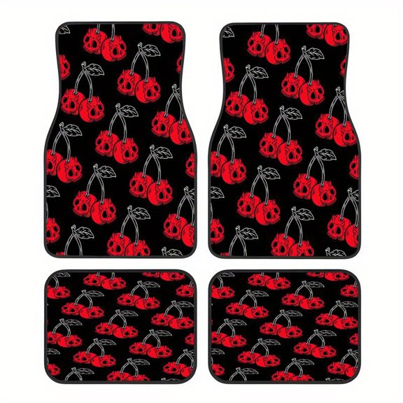 4-Piece Skull Cherry Car Floor Mats, Universal Fit Auto Floor Liners For Cars Trucks Suvs, Anti-Slip All-Weather Interior Protection, Easy Clean Set
