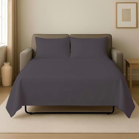 4 Piece Sleeper Sofa Bed Sheet Set 100% Egyptian Cotton 800 Thread Count King Size Sleeper Sofa (76" x 80") Inch Fits Mattresses Up to 5" Drop - Dark Grey Solid