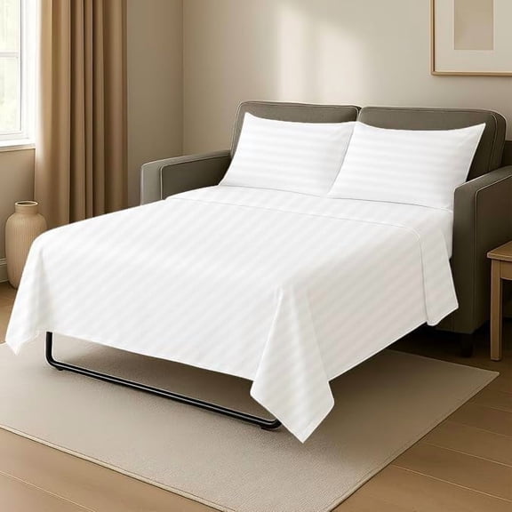 4 Piece Sleeper Sofa Bed Sheet Set 100% Egyptian Cotton 800 Thread Count King Size Sleeper Sofa (76" x 80") Inch Fits Mattresses Up to 6" Drop - White Stripe