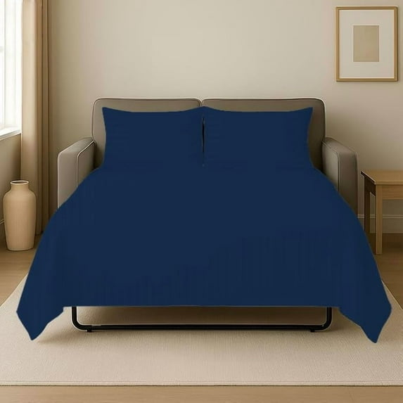 4 Piece Sleeper Sofa Bed Sheet Set 100% Egyptian Cotton 800 Thread Count Queen Size Sleeper Sofa (60" x 74") Inch Fits Mattresses Up to 5" Drop - Navy Blue Stripe