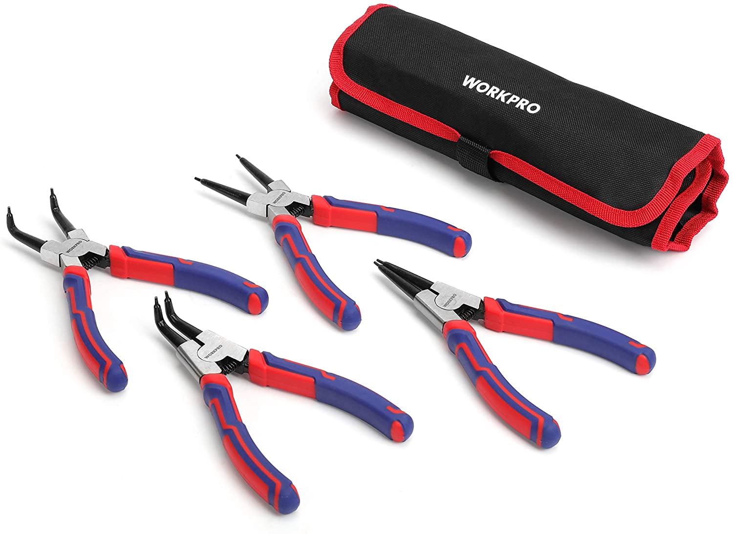 4-Piece Snap Ring Set - Heavy Duty 7-inch Internal/External Circlip Kit (Tip Diameter 5/64'')-Straight/Bent Jaw - Cr-V Steel - For Ring Remover Retaining- Storage Pouch Included