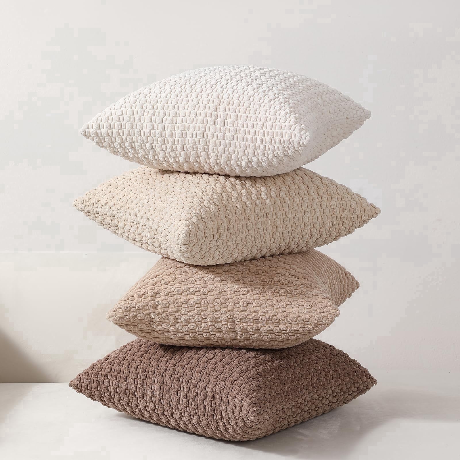 4-Piece 20x20/18x18 Inch Corduroy Sofa Pillow Covers, Neutral Bohemian Decorative Square Pillowcases For Living Room Bedroom