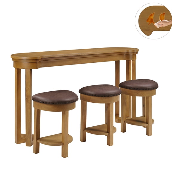 4-Piece Sofa Table With Cushioned Stools, 3-Person Bar Height Table And Chairs, Solid Wood Counter Height Dining Table Set, Industrial Breakfast Table For Small Space, Natural Color