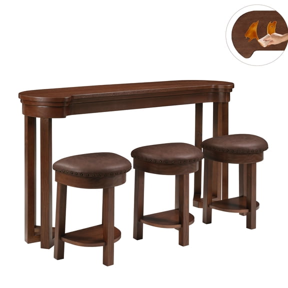 4-Piece Sofa Table With Cushioned Stools, 3-Person Bar Height Table And Chairs, Solid Wood Counter Height Dining Table Set, Industrial Breakfast Table For Small Space, Cherry