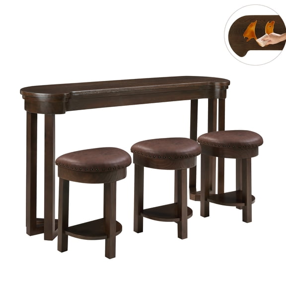 4-Piece Sofa Table With Cushioned Stools, 3-Person Bar Height Table And Chairs, Solid Wood Counter Height Dining Table Set, Industrial Breakfast Table For Small Space, Brown