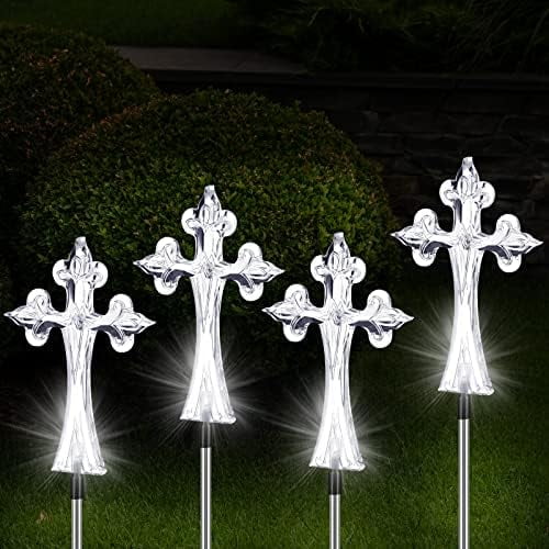 4 Piece Solar Cross for Cemetery Grave Grave Crosses for Cemetery Memorial Stake Solar Lights Waterproof Outdoor Garden Stake Cemetery Cross for Grave Yard Decorations, 16 Inches Long