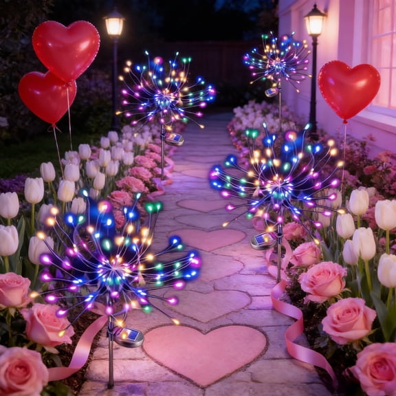 4-Piece Solar Sparkler Lights Set with 90 LEDs Creates Magical Nights, Waterproof Starburst Fairy Lights for Gardens, Yards, Courtyards, Valentine's Day, Romantic Weddings & Party Decor (Multicolor)