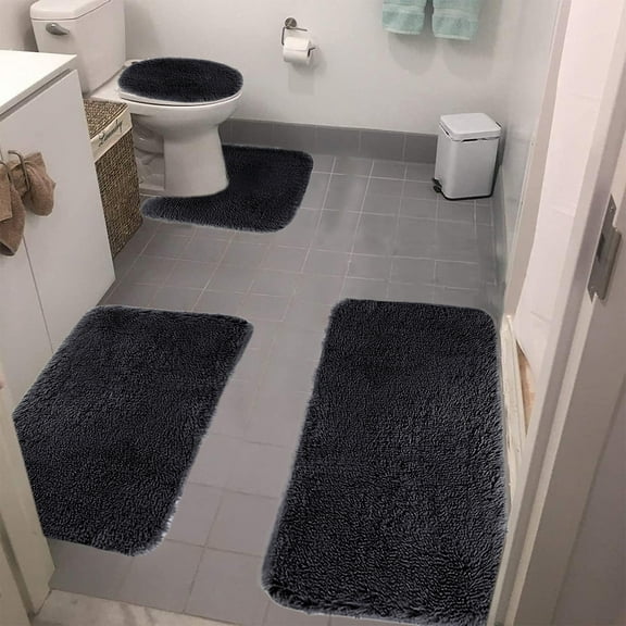 4-Piece Solid Color Bathroom Rug Set - Soft Velvet Fleece Non-Slip Absorbent Machine Washable Mats for Toilet and Shower