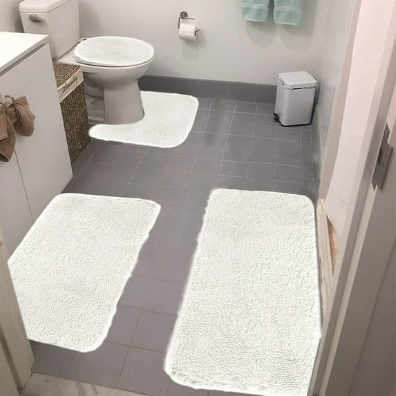 4-Piece Solid Color Bathroom Rug Set - Super Soft Absorbent & Non-Slip Mats with Toilet Lid Cover, Machine Washable,White