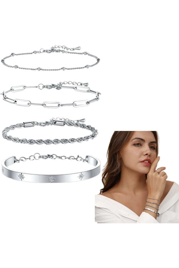 4PCs Dainty Silver Bracelets for Women 18K Gold Plated Adjustable Stackable Cuff Bangle Chain Bracelets Set Elegant Jewelry Gifts for Christmas Birthday