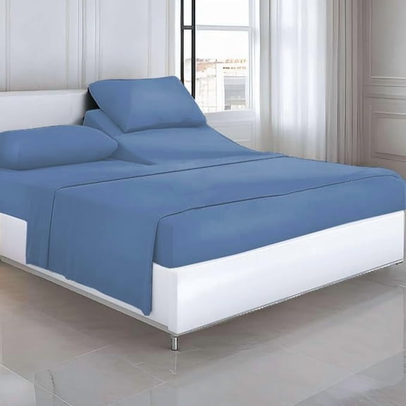4 Piece Split Head Queen Sheets Sets for Sleep Number Adjustable Beds - 800 TC 100% Cotton Split Top Queen Sheets 28" Flex Head, Fits 15" Deep Mattress - Medium Blue Solid