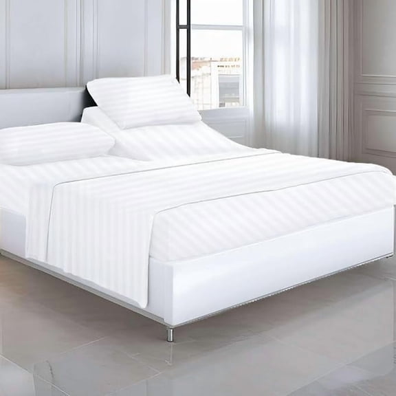 4 Piece Split Head Queen Sheets Sets for Sleep Number Adjustable Beds - 800 TC 100% Cotton Split Top Queen Sheets 36" Flex Head, Fits 15" Deep Mattress - White Stripe