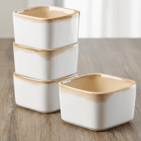 4-Piece Square Ceramic Ramekins Set, Oven-Safe Custard Cups for Baking, Serving Pudding, Creme Brulee, Souffle, Dips, and Ice Cream, Elegant Warm Copper with Caramel Rim Design