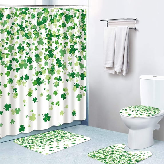 4-Piece St. Patrick's Day Shower Curtain Set, Waterproof Polyester Bathroom Set with Hooks, 70.9x70.9in Shamrock Toilet Mat & Floor Mat for Home Decor