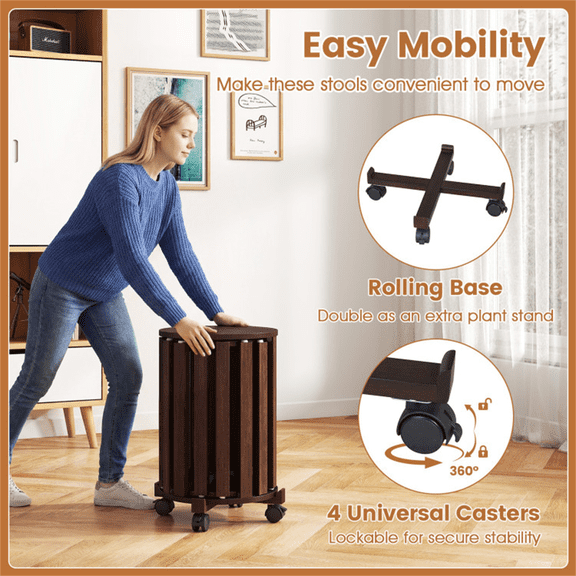 4-Piece Stackable Nesting Stools Set Walnut Solid Rubber Wood Dining Kitchen Extra Seating Lockable Rolling Base 290Lbs 2 Large 2 Small Space Saver Apartment Dorm 24In Stacked Side Table Plant Stand