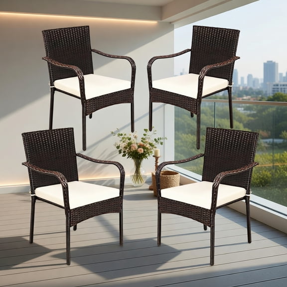 4-Piece Stackable Outdoor Rattan Dining Chairs with Removable Cushions  Weather-Resistant PE Wicker & Steel Frame for Patio, Garden, Poolside