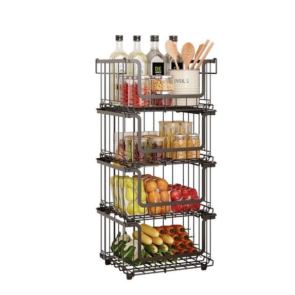 4-Piece Stackable Wire Baskets for Pantry Organizers and Storage, Vegetable Fruit Basket for Countertop,Kitchen Storage Metal Baskets, Produce Potato Onion Storage Bin, Black