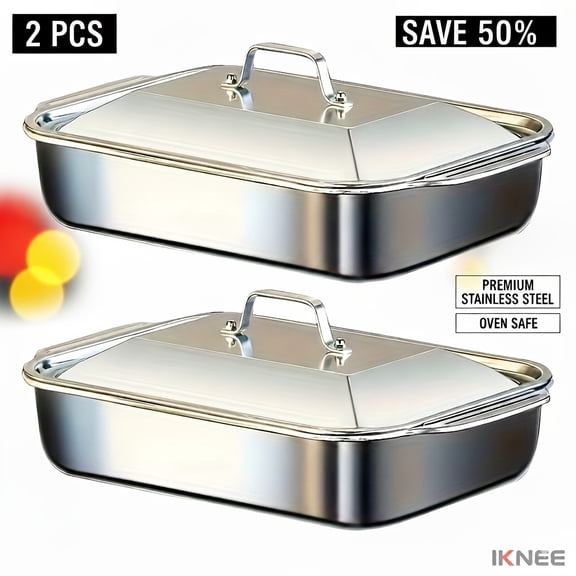 4 - Piece Stainless Steel Baking Pan Set - 2 Deep Dishes, 2 Lidded Pans. 1.59gal Capacity, 16.14" Deep. Versatile Use. Dishwasher Safe. Ideal Father's Day, Christmas, Thanksgiving Gift