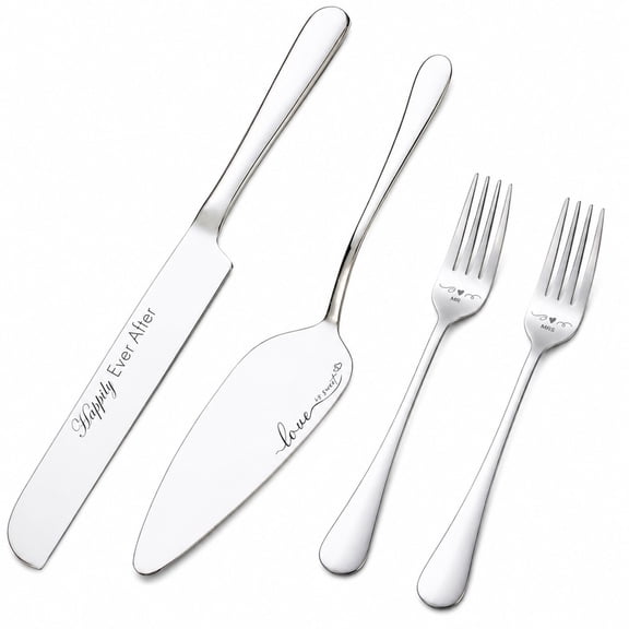 4-Piece Stainless Steel Cake Server Set, Dessert Knife and Fork, Server and Slicer for Wedding and Party, Silver