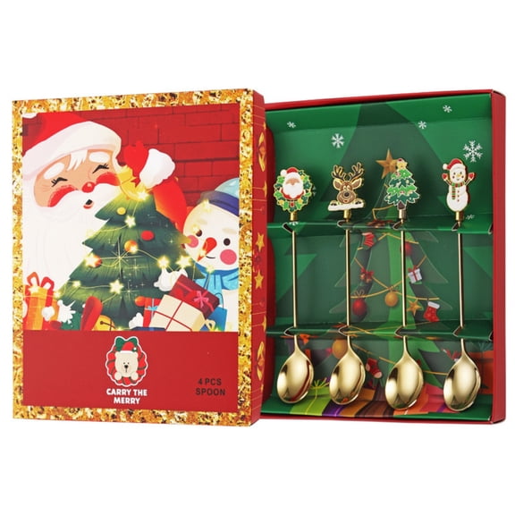 4-Piece Stainless Steel Christmas Spoon Set, Holiday Coffee & Tea Stirring Utensils with Decorative Hanging Pendants, Festive Xmas Tableware for Home, Kitchen, Gifting & Everyday Use – Gift Box Set