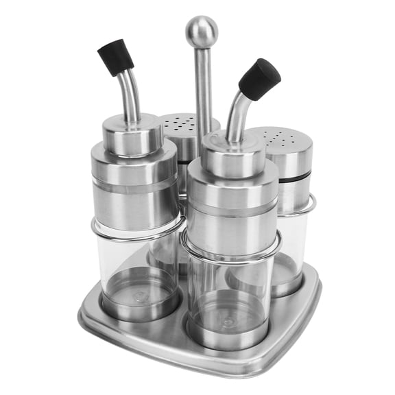 4-Piece Stainless Steel Condiment Pot Spice Jar Set with Storage Shelf Rack Countertop Seasoning Containers for Kitchen (19x15x15 inches / 48.3x38.1x38.1 cm)