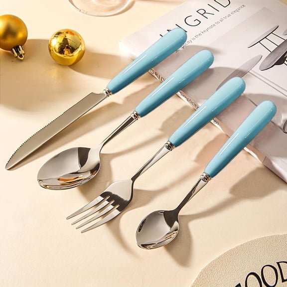 4-Piece Stainless Steel Cutlery Set with Ceramic Handles, Knife Fork Spoon Pastry Spoon