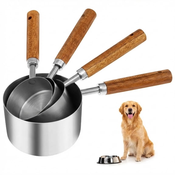 4-Piece Stainless Steel Dog Food Scoop Set with Wooden Handle, Metal Pet Food Measuring Cups (1 Cup, 1/2, 1/3, 1/4 Cup) for Dry Cat Food, Kibble & Kitchen Baking