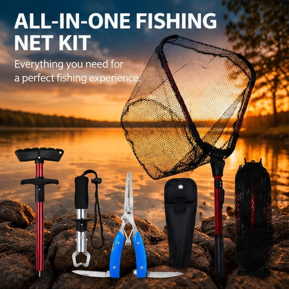 4-Piece Stainless Steel Fishing Tool Kit – Landing Net, Pliers, Fish Gripper & Hook Remover – Compact, Rust-Resistant Design with Red Handles for Kayak, Boat, Freshwater or Saltwater Fishing