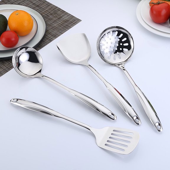 4-Piece Stainless Steel Kitchen Utensil Set - Ergonomic Handles | Solid & Slotted Spoon, Turner | Heat-Resistant, Dishwasher Safe