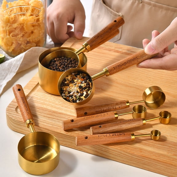 4-Piece Stainless Steel Measuring Cups Set with Wood Handle and Scale, Metal Kitchen Measuring Tools for Dry and Liquid Ingredients, Rust Resistant Baking Cups for Cooking Prep, 7.5 x 3.1 Inches