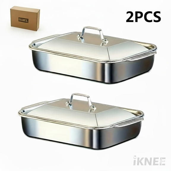 4-Piece Stainless Steel Roasting Pan Set with Lids - 2 Deep Pans & 2 Lidded Pans with Handles, 6 Liter Large Capacity Rectangular Lasagna & Roasting Pans, 16.14 Inch Deep Baking Pan for Chicken Fish,