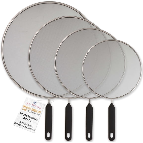 4-Piece Stainless Steel Splatter Guard Set (13", 11.5", 10",8) Fine Mesh Cover, Grease & Oil, Splatter Screen for Frying Pan, Cooking Pots, with Comfort Grip Handles