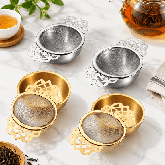 4-Piece Stainless Steel Tea Strainers with Drip Bases and Handles