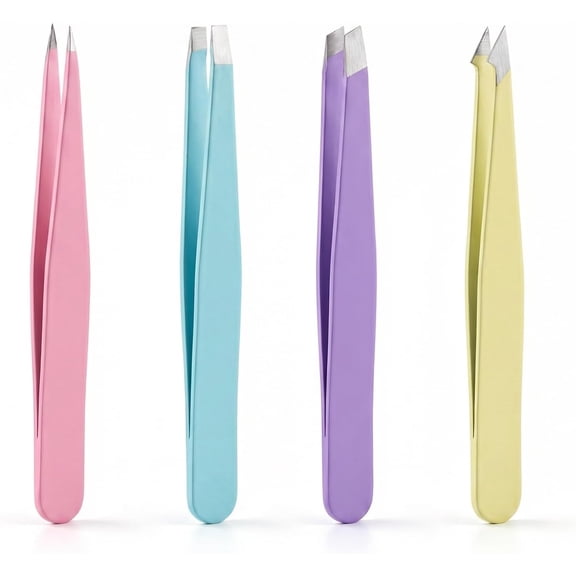 4-Piece Stainless Steel Tweezers Set 2026 Eyebrow Kit with Slant/Flat/Pointed/Sharp Tips Precision for Facial Hair/Lashes/Ingrown Hair/Splinters Candy Colors (Purple/Pink/Yellow/Blue)