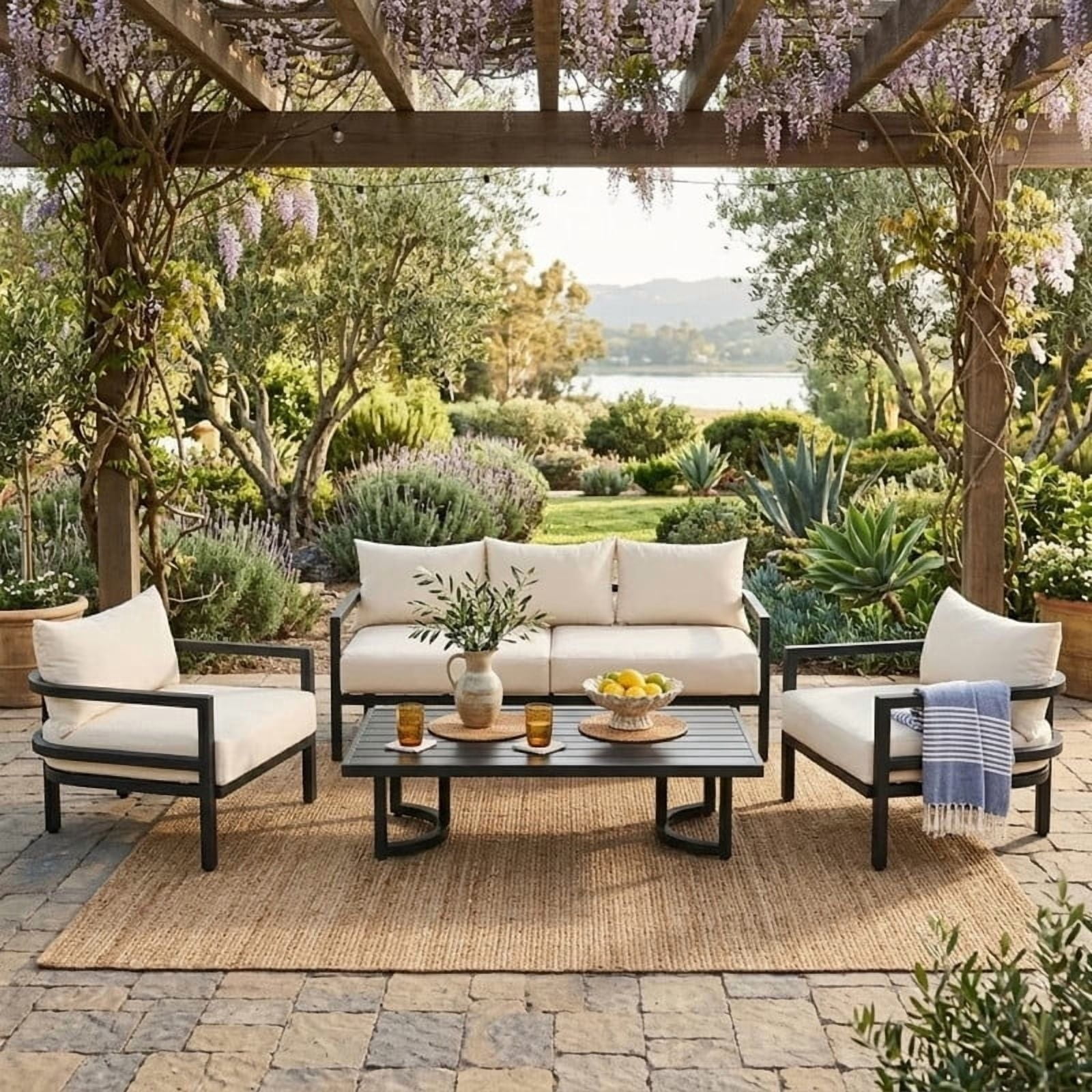 4-Piece Steel Frame Outdoor Sectional Sofa Set with Coffee Table, Patio Conversation Set with Cushions, Patio Furniture Set for Garden, Lawn & Backyard