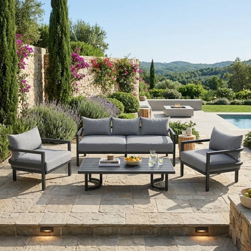 4-Piece Steel Frame Outdoor Sectional Sofa Set with Coffee Table, Patio Conversation Set with Cushions, Patio Furniture Set for Garden, Lawn & Backyard