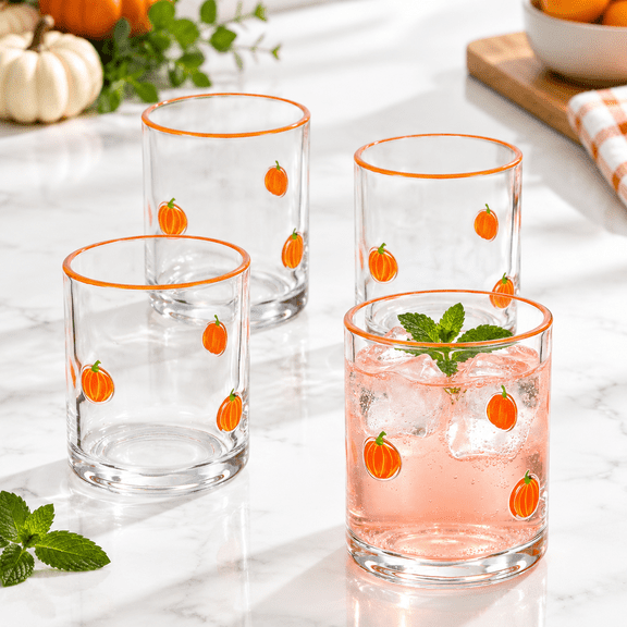 4-Piece Stemless Pumpkin Icon Drinking Glass Set, 16oz Capacity, Festive Fall Design