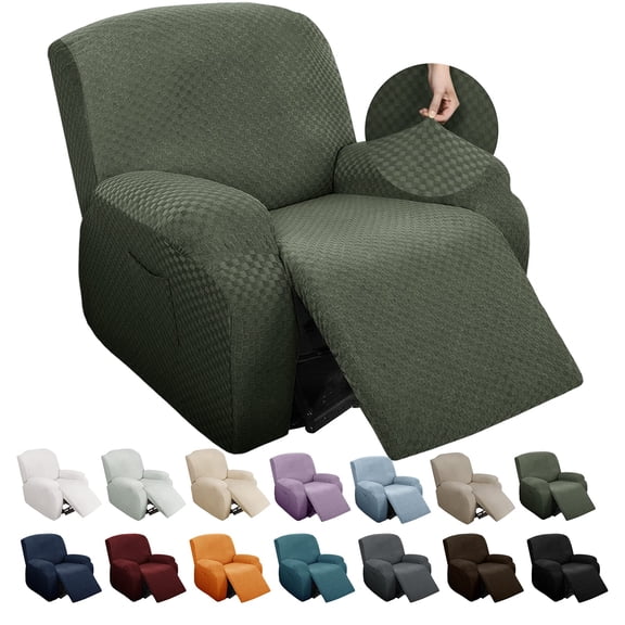 4-Piece Stretch Recliner Slipcover, Jacquard Recliner Chair Cover with Side Pocket, Anti-Slip Fitted Furniture Protector for Manual & Electric Recliners