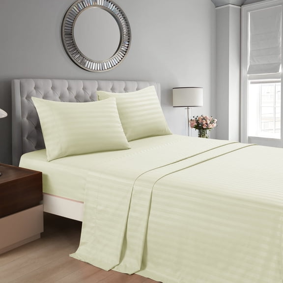 4-Piece Stripe Cream Polyester Bed Sheet Set, Full –18 inch Deep Pocket