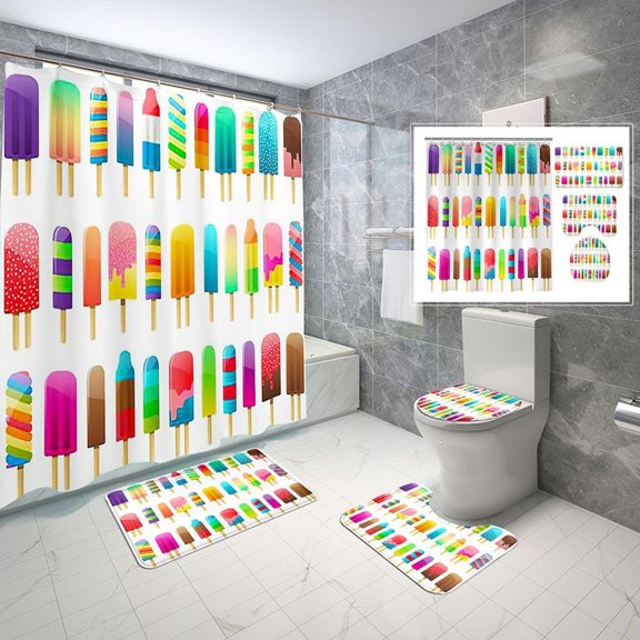 4 Piece Summer Popsicle Shower Curtain Sets Iced Food Refreshing Ice Cream Bathroom Sets with Non-Slip Rugs, Toilet Lid Cover and Bath Mat with Standard Size
