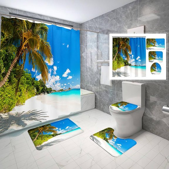 4 Piece Summer Popsicle Shower Curtain Sets Iced Food Refreshing Ice Cream Bathroom Sets with Non-Slip Rugs, Toilet Lid Cover and Bath Mat with Standard Size