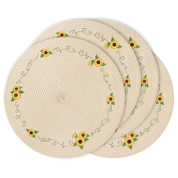 4-Piece Sunflower Embroidered Woven Placemats - Beige Round Straw Mats for Dining Table, Summer Outdoor Picnics, Garden Parties & Kitchen Decor