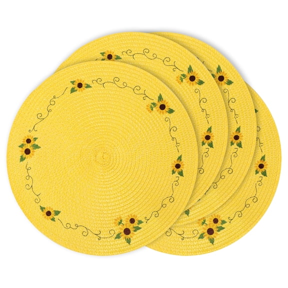 BVIEAKD 4-Piece Sunflower Embroidered Yellow Round Placemats - Woven Straw Mats for Dining Table, Summer Kitchen Decor, Outdoor Picnics & Garden Parties