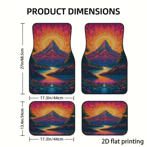 4-Piece Sunset Mountain Abstract Art Design Material Season Use Car Floor Mats, Universal Fit Polyester All Weather Auto Floor Liners for Cars Trucks Suvs, Anti-Slip Easy Clean Interior Set