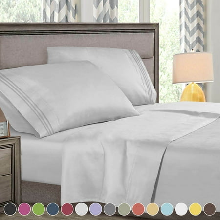 4 Piece Super Deluxe Deep Pocket Bed Sheet Set 1800 Count Hotel Quality Sheet Full Size Silver Colour
