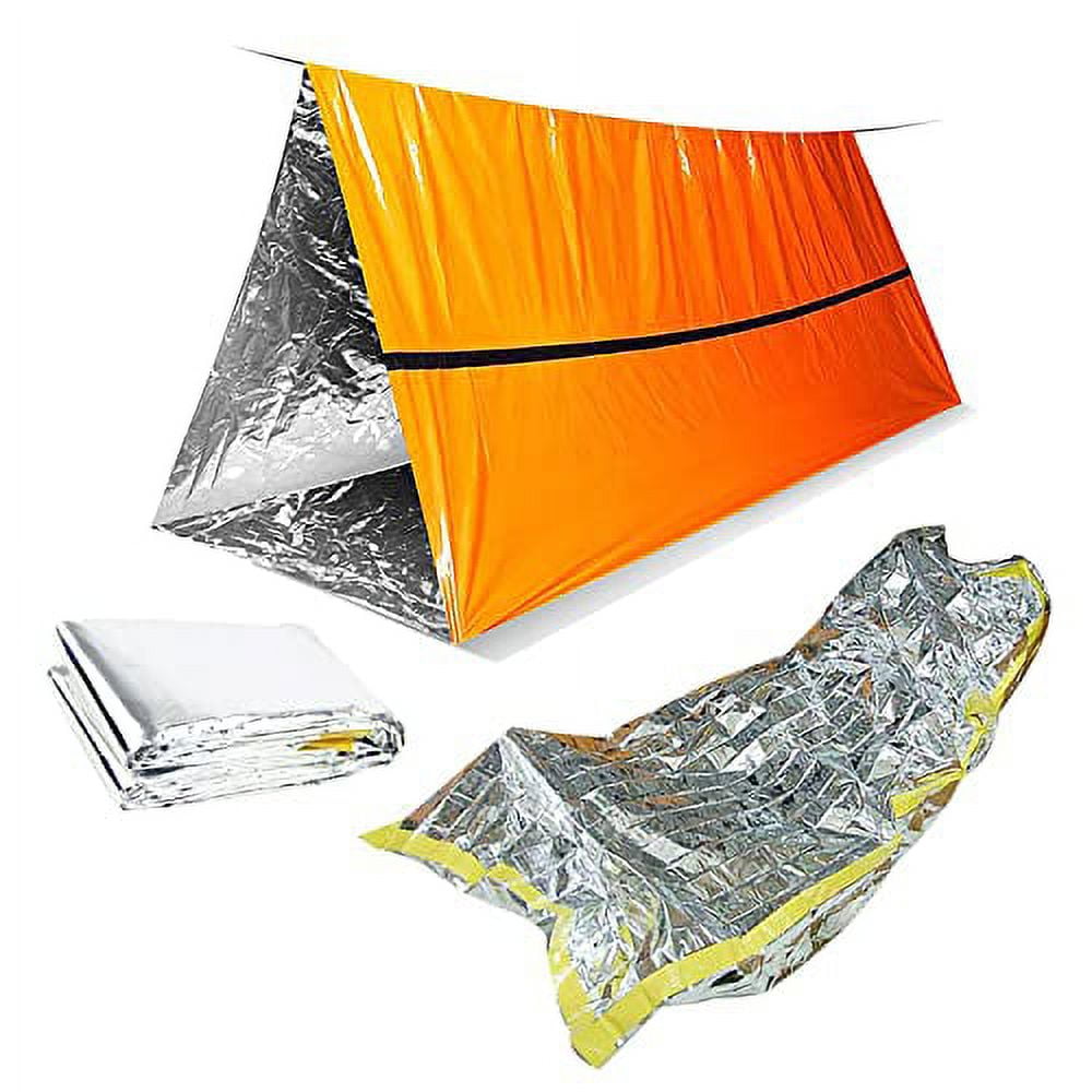 4 Piece Survival Travel Shelter Kit 2 Orange 2 Person Emergancy Sleeping Tube Tent with 2 Silver Sleeping Bags for Camping, Hiking and More