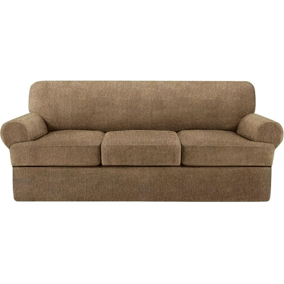 4 Piece T Cushion Sofa Slipcovers Stretch Couch Cover Furniture Covers with 3 Individual T Cushion Covers, Machine Washable for Living Room (Brown, 3 Cushions)